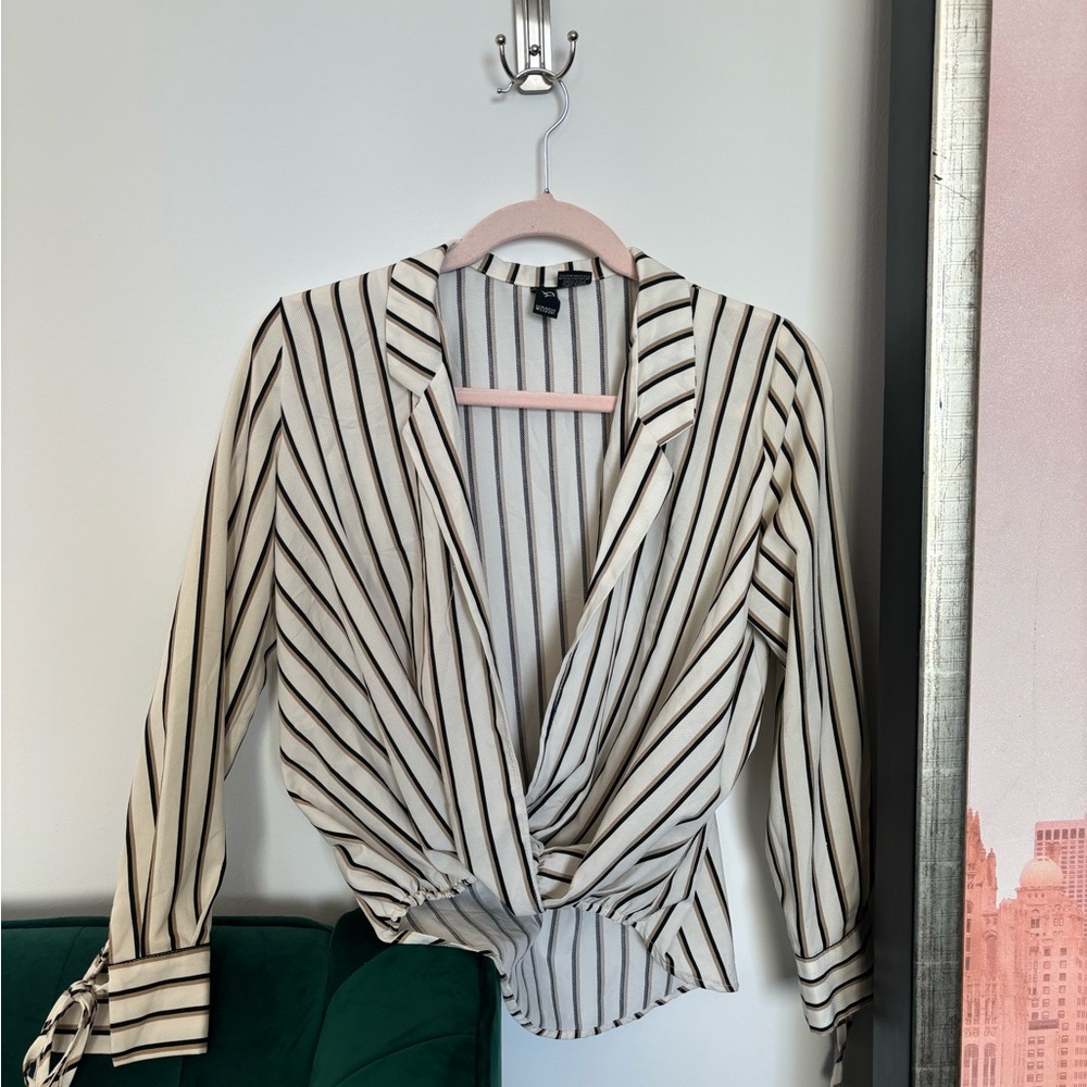 Windsor Black and White Wrap Blouse with Notched Collar